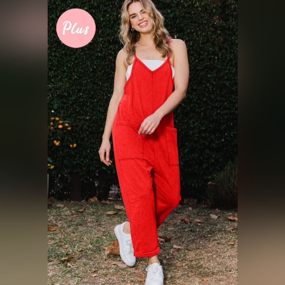 1-0526 ODDI Red Cotton Blend Slouchy Jumpsuit Overalls